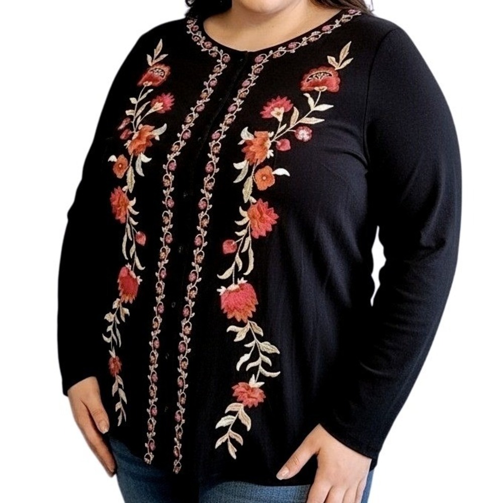 Soft Surroundings Embroidered Button Front‎ Tunic Top 2X Black Floral Knit